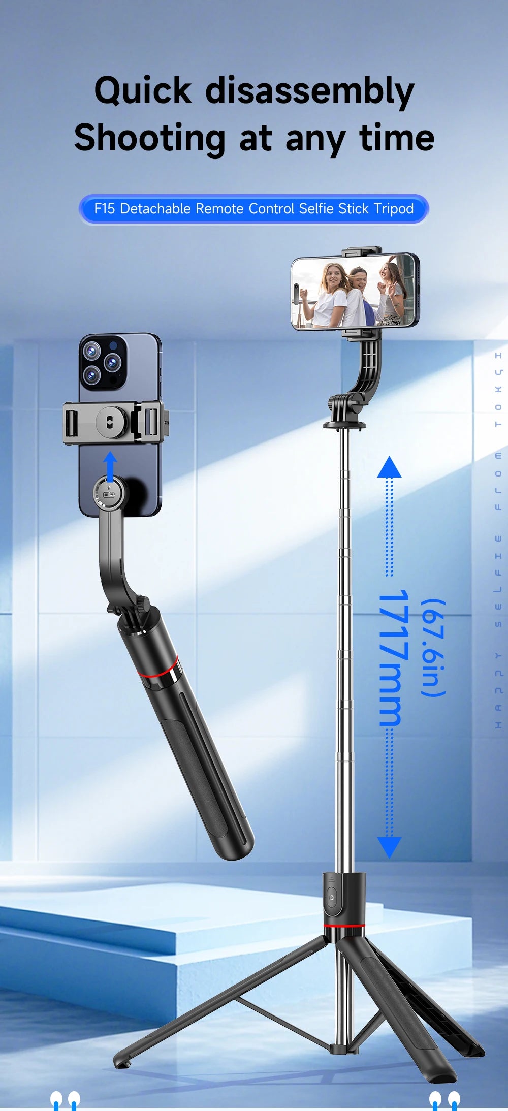 F15 Wireless Selfie Stick Tripod - 68 Inch Extendable with Bluetooth Remote