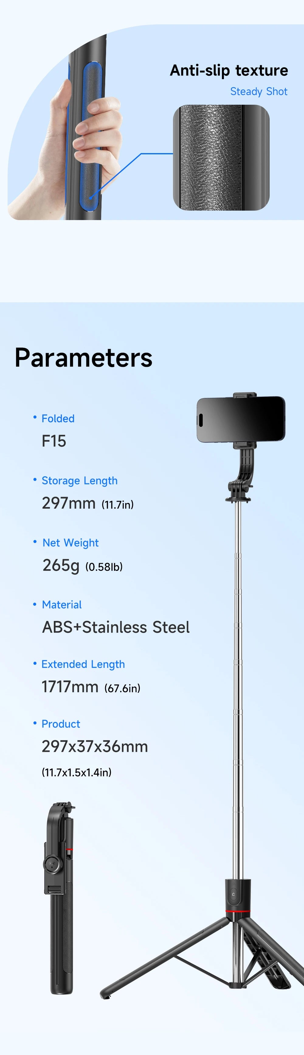 F15 Wireless Selfie Stick Tripod - 68 Inch Extendable with Bluetooth Remote